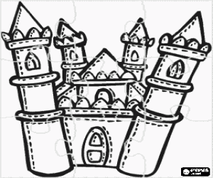Puzzle of castle with four towers and the door closed coloring page
