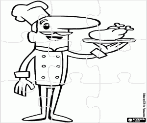 Puzzle of Chef or cook with the tray with the chicken in the restaurant coloring page