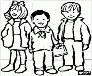 Puzzle of Children group, two boys and a girl coloring page