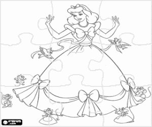Puzzle of Cinderella with her beautiful dress for the party coloring page