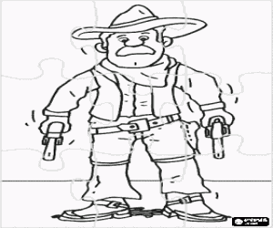 Puzzle of cowboy armed or gunman with two revolvers ready for a duel coloring page