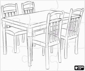 Puzzle of dining table with four chairs, all in wood coloring page