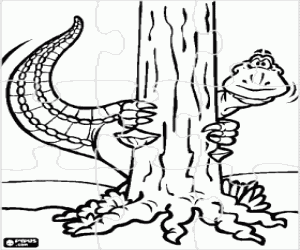 Puzzle of dinosaur hiding behind a tree coloring page