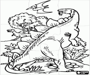 Puzzle of dinosaurs and a pterodactyl in the landscape coloring page