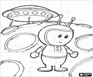 Puzzle of Extraterrestrial next to its spaceship in a very distant planet coloring page