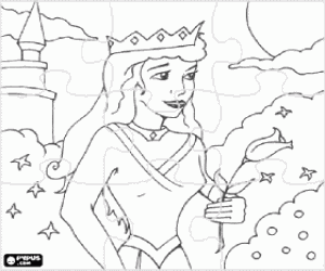 Puzzle of face of the princess with the crown and a tulip in her hand in the garden of the castle coloring page
