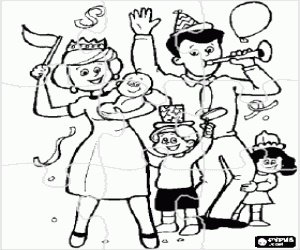 Puzzle of Family in full celebration, parents, a boy, a girl and a baby coloring page