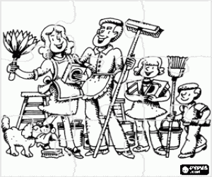 Puzzle of family ready to clean their home, parents, children and the dog coloring page