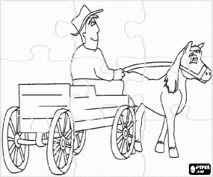 Puzzle of farmer with a horse drawn carriage coloring page