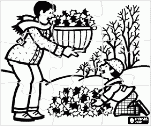 Puzzle of father and son collecting fallen leaves from trees during the autumn or the fall coloring page