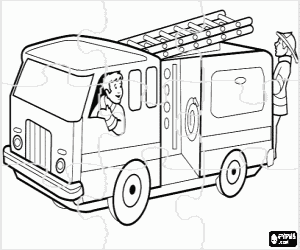 Puzzle of fire truck with people coloring page