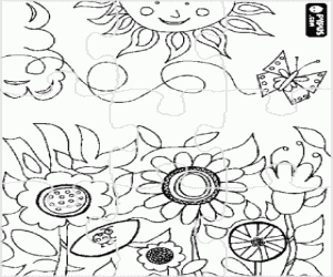 Puzzle of flowers in the field with a butterfly flying and the sun on the top coloring page