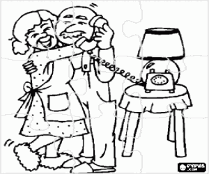 Puzzle of Grandfather and grandmother hugging and happy to receive news of her grandchildren on the phone coloring page