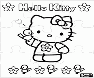 Puzzle of Hello Kitty with flowers and birds coloring page