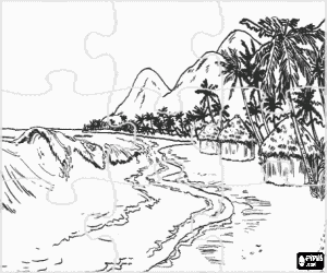 Puzzle of image of tropical coast with cabanas, palm trees and strong waves coloring page