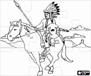 Puzzle of indian warrior riding across the plain with the mountains behind with his feathers, shield and spear coloring page