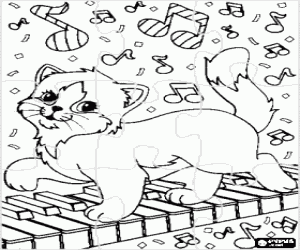 Puzzle of kitten playing upon a piano coloring page