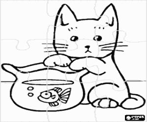 Puzzle of kitten playing with a fishbowl coloring page