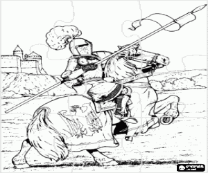 Puzzle of knight in an steel fabric armor and helmet with the spear in hand on a horse near a castle coloring page