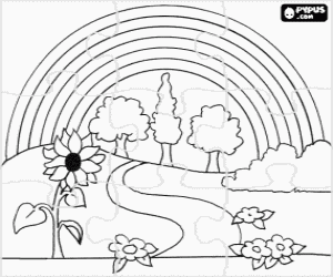 Puzzle of landscape in spring with flowers, trees and the rainbow coloring page