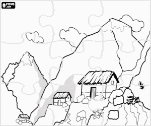 Puzzle of Landscape of high mountains with snowy peaks and some shelters coloring page