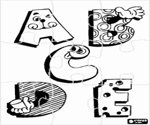 Puzzle of Letters A, B, C, D and E with funny drawings coloring page