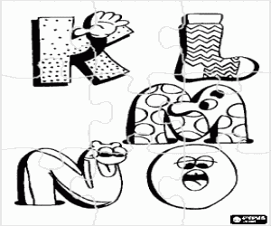 Puzzle of Letters K, L, M, N and O with funny drawings coloring page
