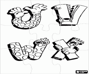 Puzzle of letters U, V, W and X with funny drawings coloring page