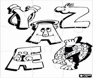Puzzle of letters Y, Z and others with funny drawings coloring page