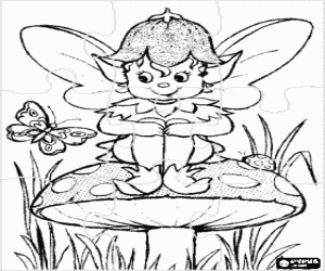 Puzzle of Little elf sitting on a mushroom watching the flight of a butterfly coloring page