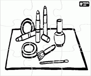 Puzzle of makeup kit with lipstick, nail polish, blusher or rouge and brush coloring page