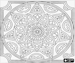 Puzzle of mandala with circles in the form of star or flower in a square coloring page