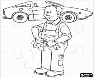 Puzzle of Mechanic of cars in the workshop cleaning a wrench or spanner coloring page