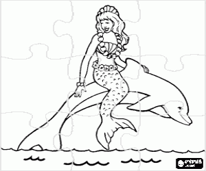 Puzzle of mermaid riding on a dolphin jumping coloring page