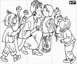 Puzzle of mom or mother to receive flowers and kisses from their children coloring page