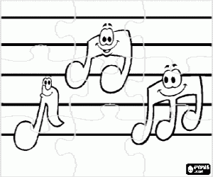 Puzzle of musical notes with faces on a staff or stave coloring page