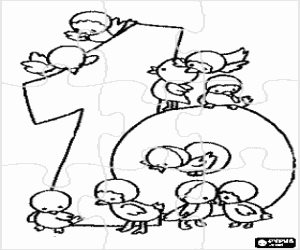Puzzle of number 10 with ten small birds coloring page