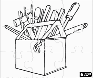 Puzzle of open toolbox coloring page