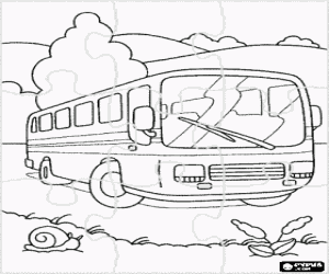 Puzzle of passengers bus in the landscape coloring page