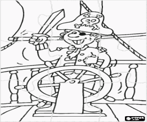 Puzzle of pirate captain at the helm of his boat with his hat, the eye lid and sword in hand coloring page