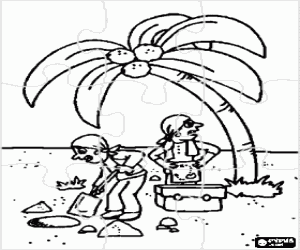 Puzzle of pirates burying the coffer of the treasure or the treasure chest with the map near a palm tree coloring page