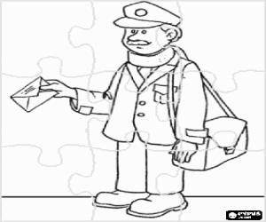 Puzzle of postman of the mail service distributing letters with the bag hanging from the back coloring page