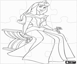 Puzzle of Princess Aurora completely happy with her tiara and a rose in hand coloring page