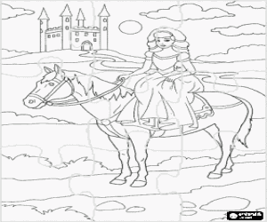 Puzzle of princess taking a walk on the back of her horse near the castle coloring page