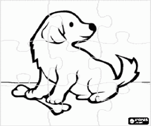 Puzzle of puppy with a bone coloring page