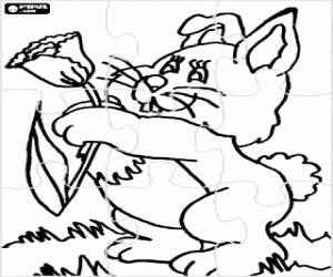 Puzzle of rabbit with a flower coloring page