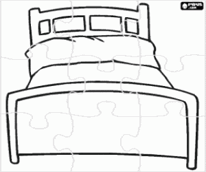 Puzzle of single bed with headboard and footboard, mattress and pillow coloring page