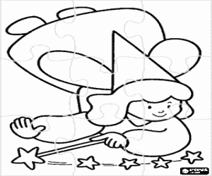 Puzzle of small fairy flying with magic wand in his hand coloring page