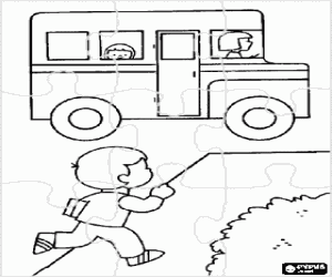 Puzzle of small school bus and boy running coloring page