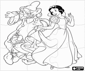 Puzzle of Snow White happy dancing with two of the dwarfs, Happy and Dopey coloring page